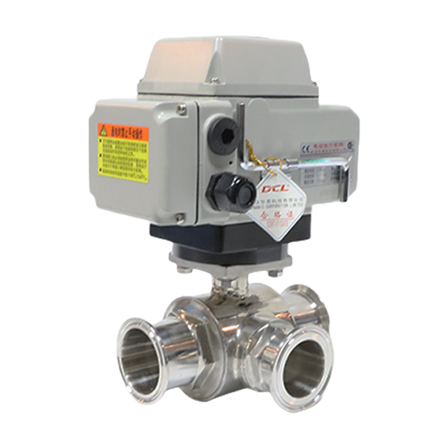 Válvula de esfera de três vias acionada elétrica motorizada de aço inoxidável sanitária com conexões de braçadeira
