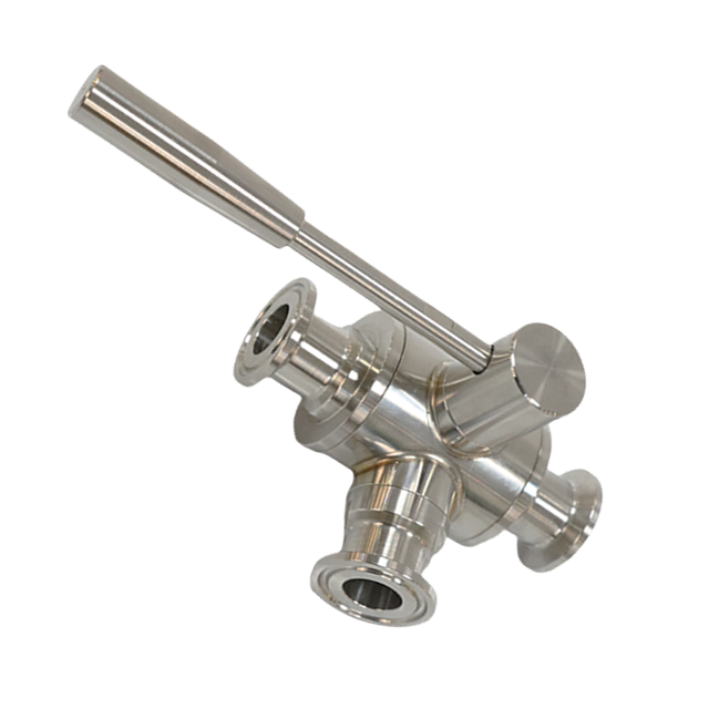 Válvula de controle de esfera de 3 vias asséptica de aço inoxidável Tri-Clamp com alavanca de aço manual 